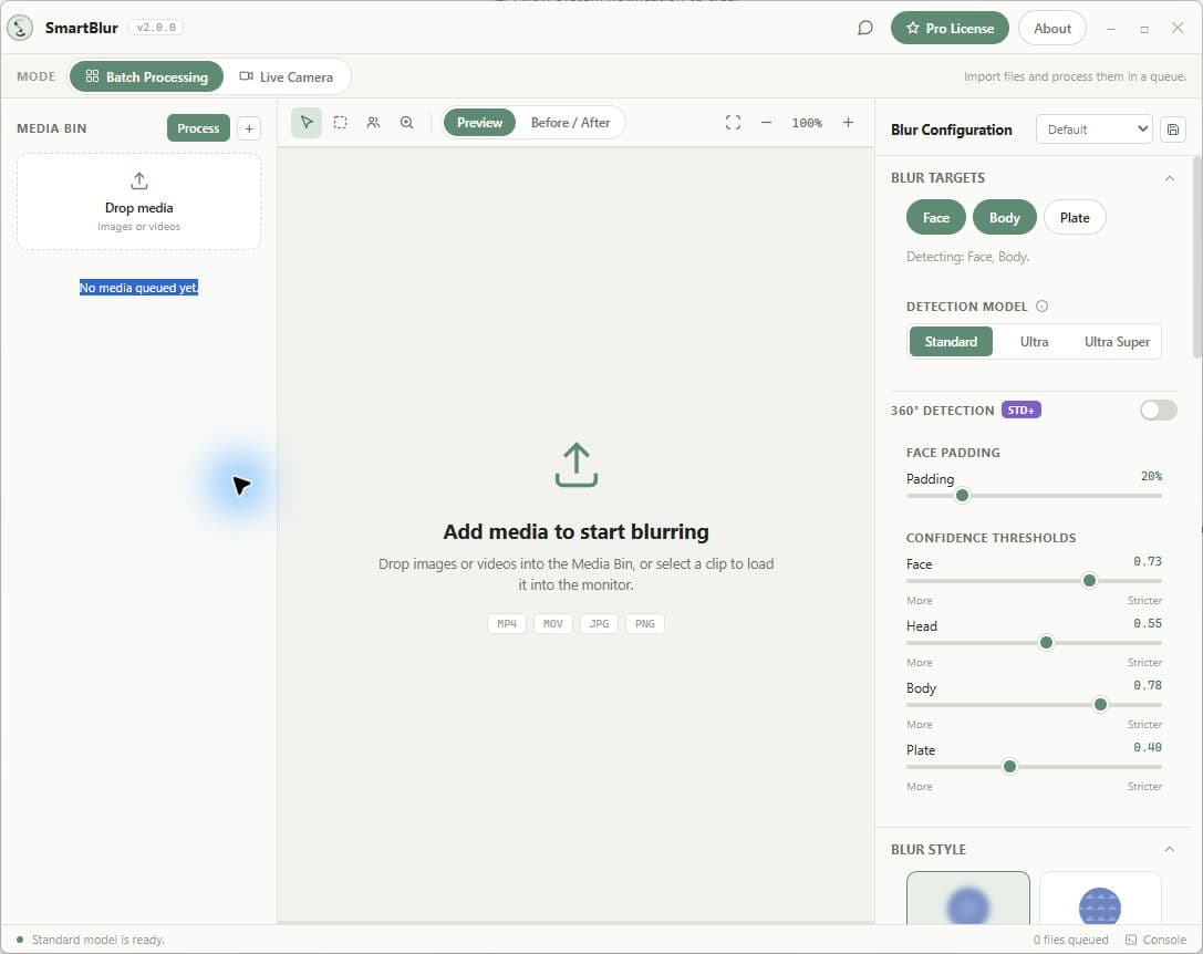 The current SmartBlur v2 Batch Processing workspace before media is added