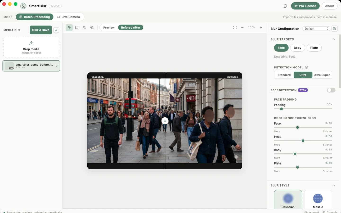 A SmartBlur 2 before-and-after face-redaction preview on macOS