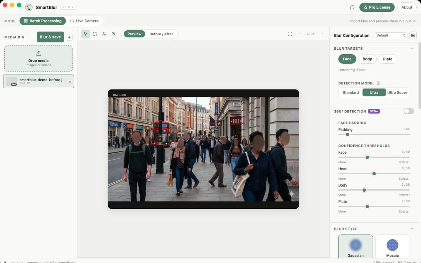 SmartBlur on macOS with the media queue, preview, and blur settings