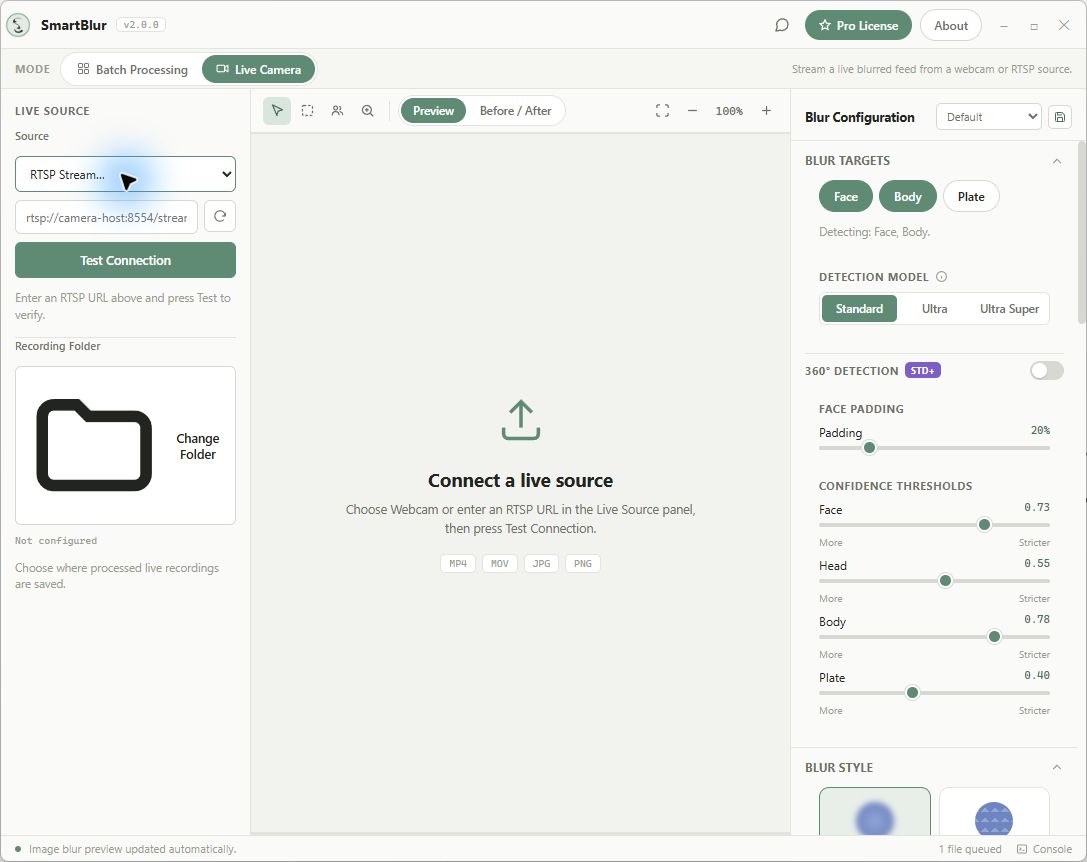 The credential-free RTSP setup form in the current SmartBlur v2 app
