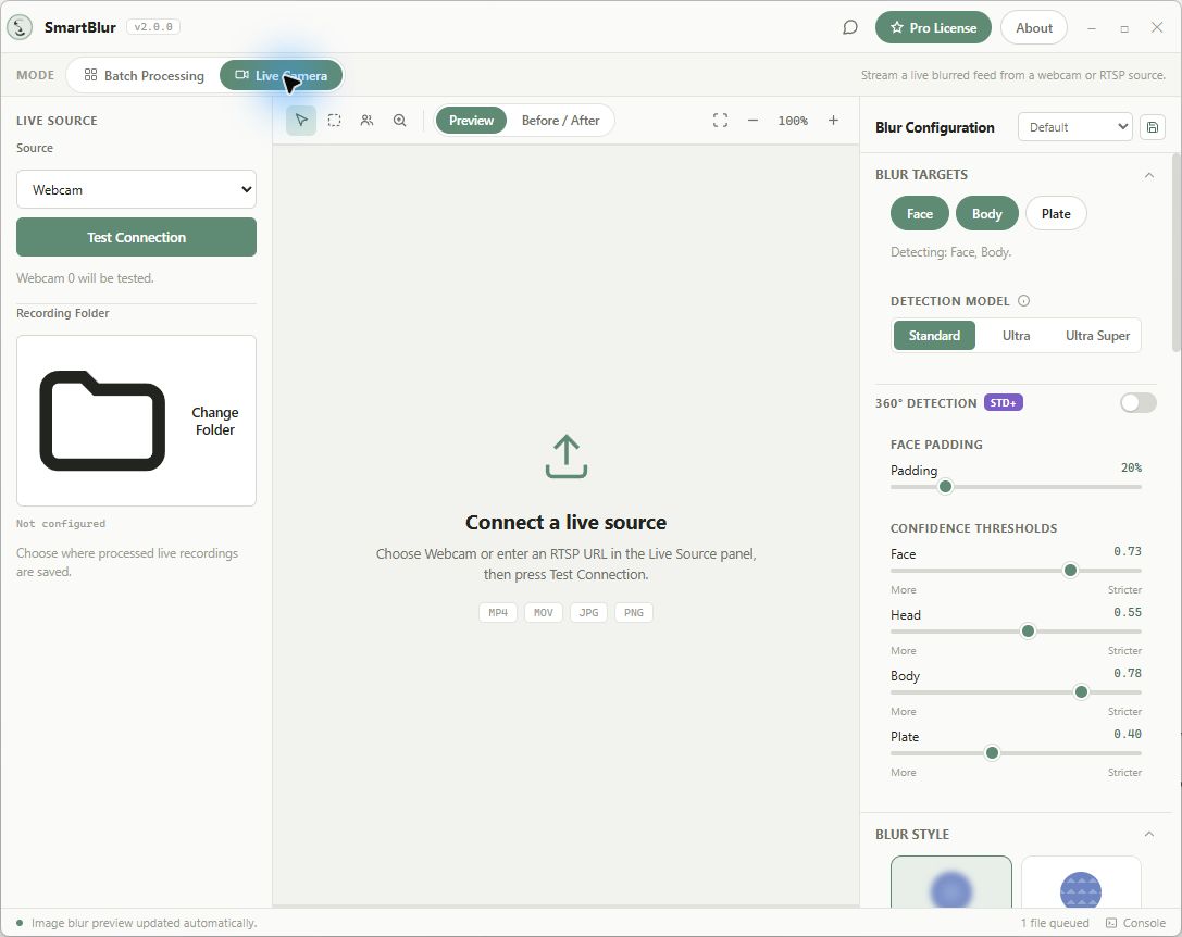 The current SmartBlur v2 Live Camera workspace with the default webcam source selected